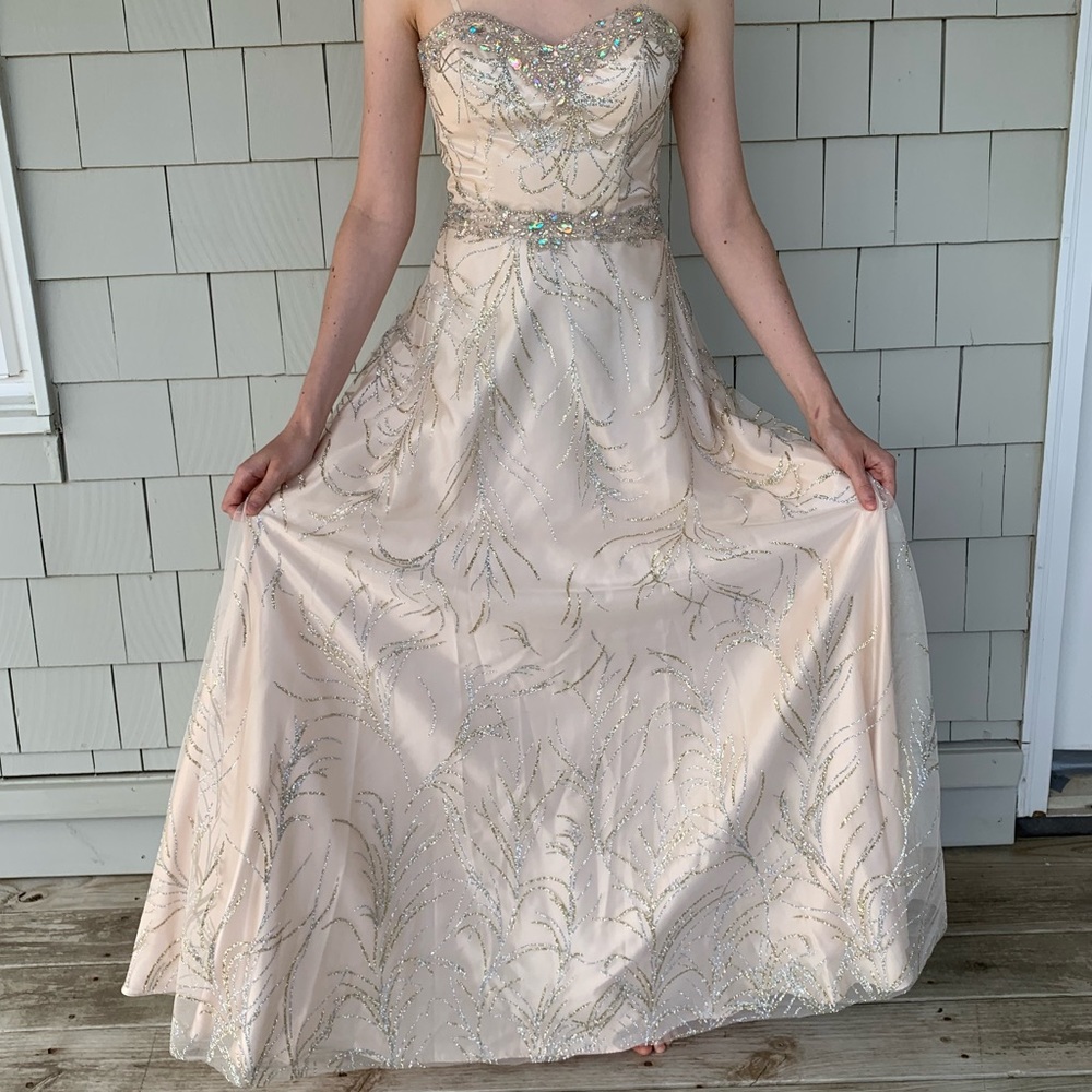 Cream White Strapless Sparkly Lace Up Gown Dress